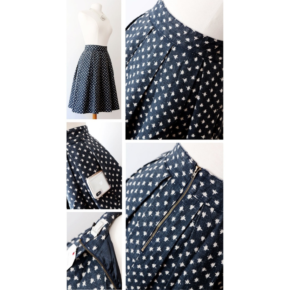 Navy Blue 100% Linen Pleated Retro Cute Midi Skirt - Picture 3 of 8